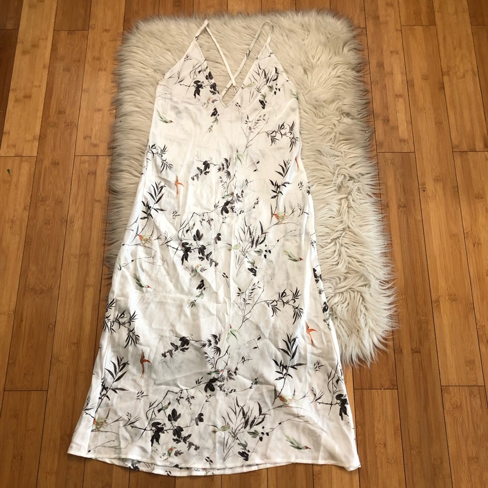 Chelsea 28 Oriental Floral Satin Strappy White Midi Cami Slip Dress size S